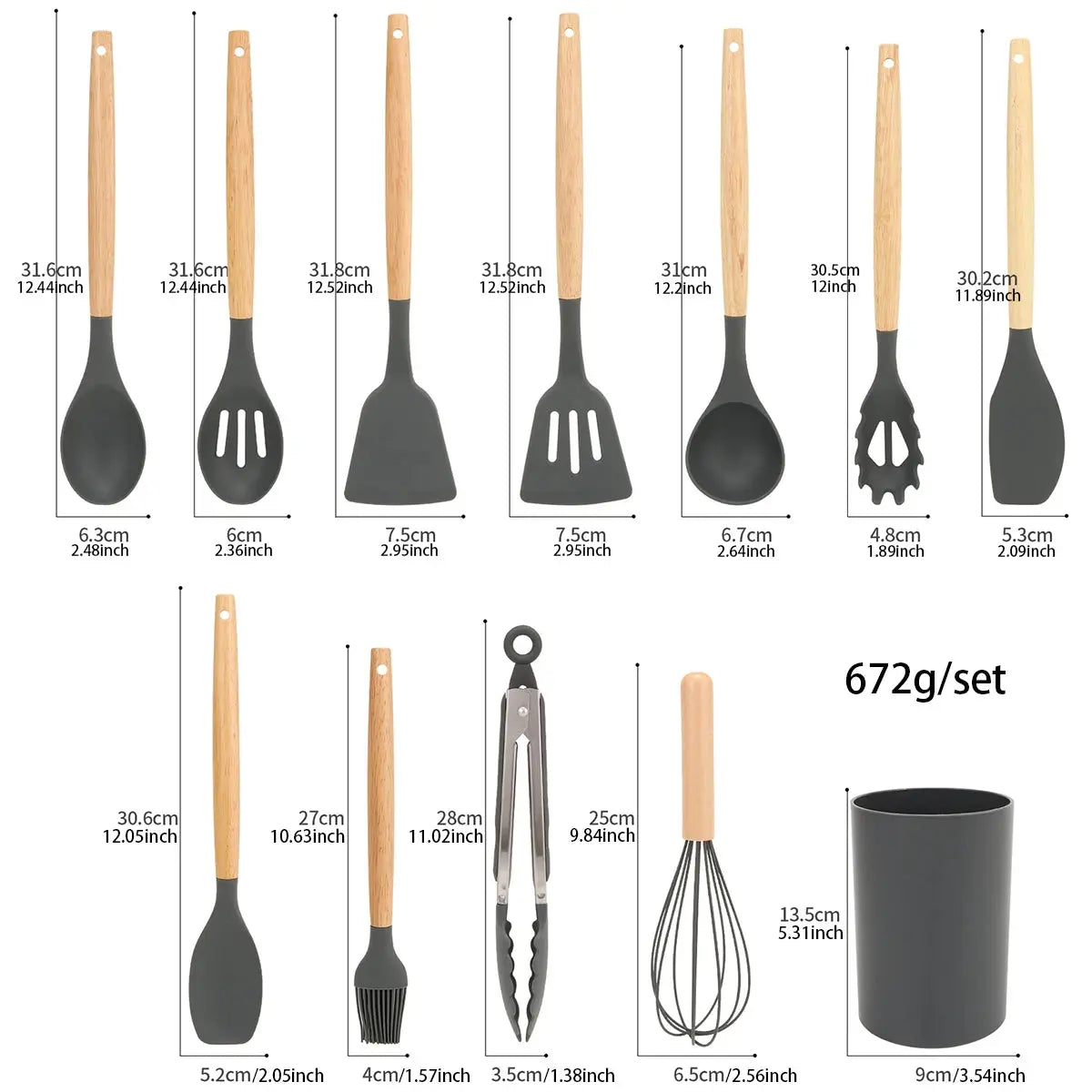 12-Piece Food-Grade Silicone Kitchen Utensils Set with Wooden Handles & Storage Holder – Versatile, Non-Stick & Heat-Resistant Cooking Utensils – Includes Turner, Spatula, Spoons & More for Cooking & Baking C for Chef