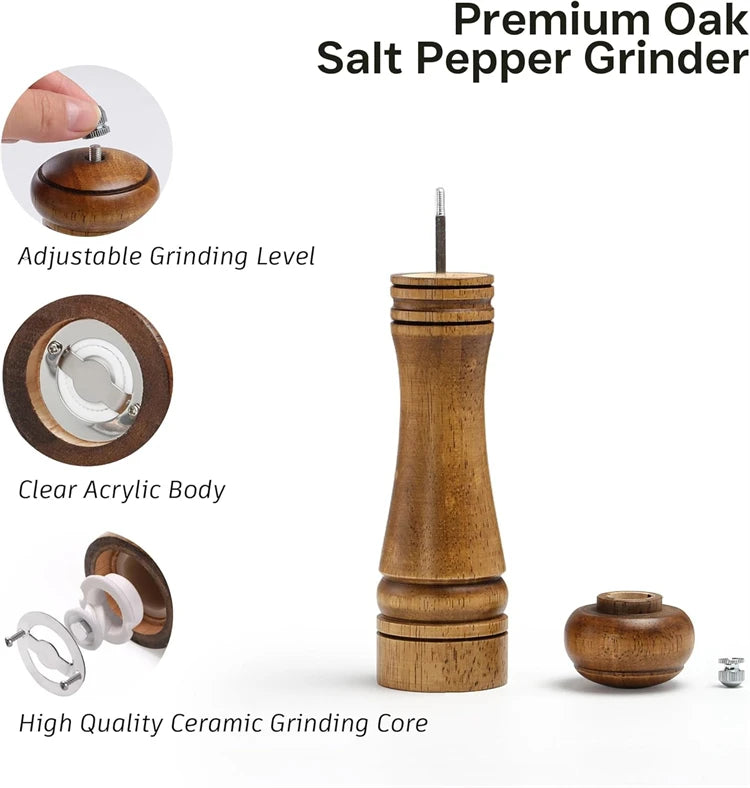 Oak Wood Salt & Pepper Grinder Set with Adjustable Ceramic Grinder – Wooden Pepper Mill & Salt Grinder – Great for the Kitchen & Dining Table – Available in 5 Inch, 8 Inch & 10 Inch