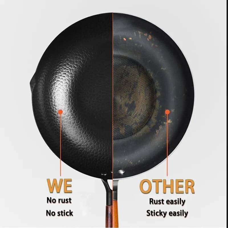 Pure Iron Wok with Wooden Cover – Non-Coated Household Stir-Fry Wok for Gas, Electric & Induction – Great for Everyday Family Stir-Fries (32cm)