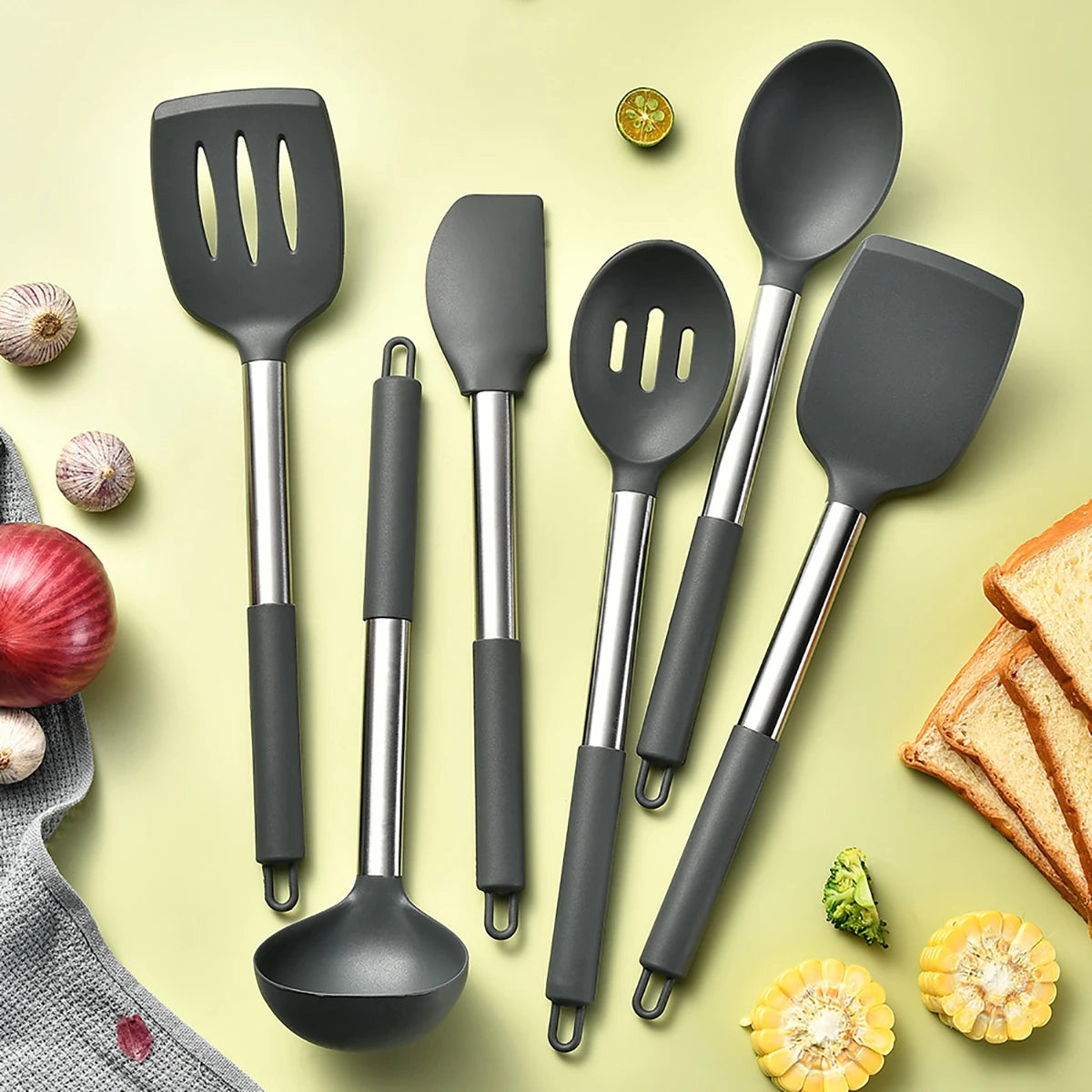 Silicone Kitchen Utensils Set with Stainless Steel Handles – Heat-Resistant & Safe for Non-Stick Cookware – Ideal for Daily Cooking – Available in Multiple Colours & Various Piece Set Options