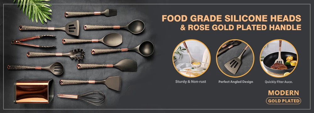 Silicone Cooking Utensils Set with Gold-Plated Handles – Non-Stick Safe, Heat Resistant | Black & Beige | Available in 5, 7, 10 & 12-Piece Sets