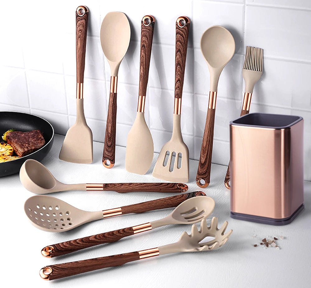 Silicone Cooking Utensils Set with Gold-Plated Handles – Non-Stick Safe, Heat Resistant | Black & Beige | Available in 5, 7, 10 & 12-Piece Sets