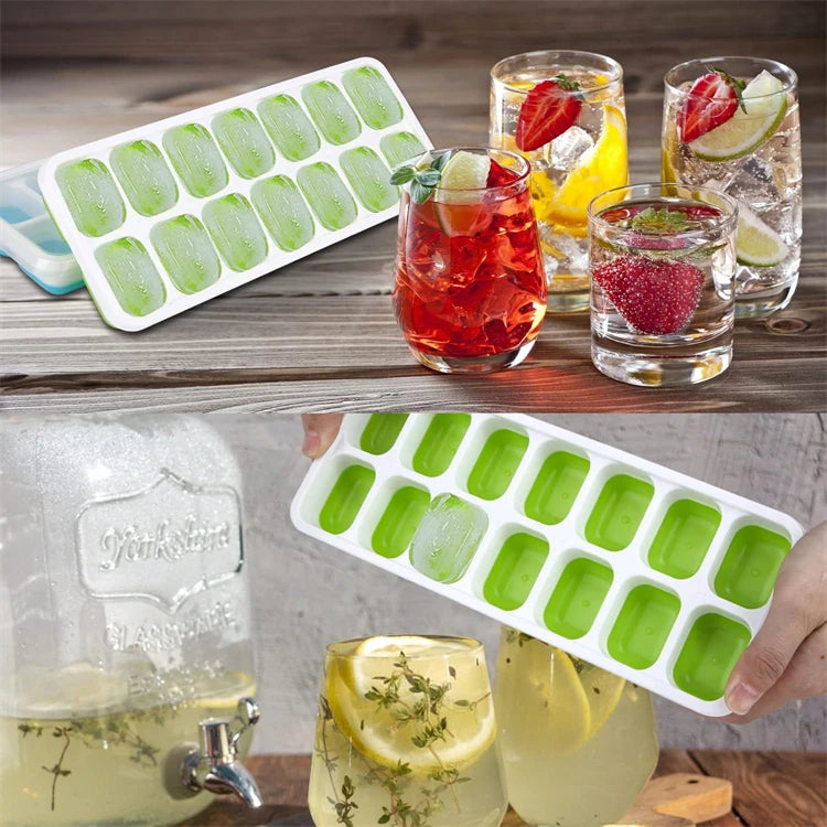 Easy-Release Ice Cube Tray with Lid – 14 Cube Stackable Ice Mould – Best for Chilling Water, Juice & Iced Coffee – Available in Pink, Green, Yellow & Blue Colours