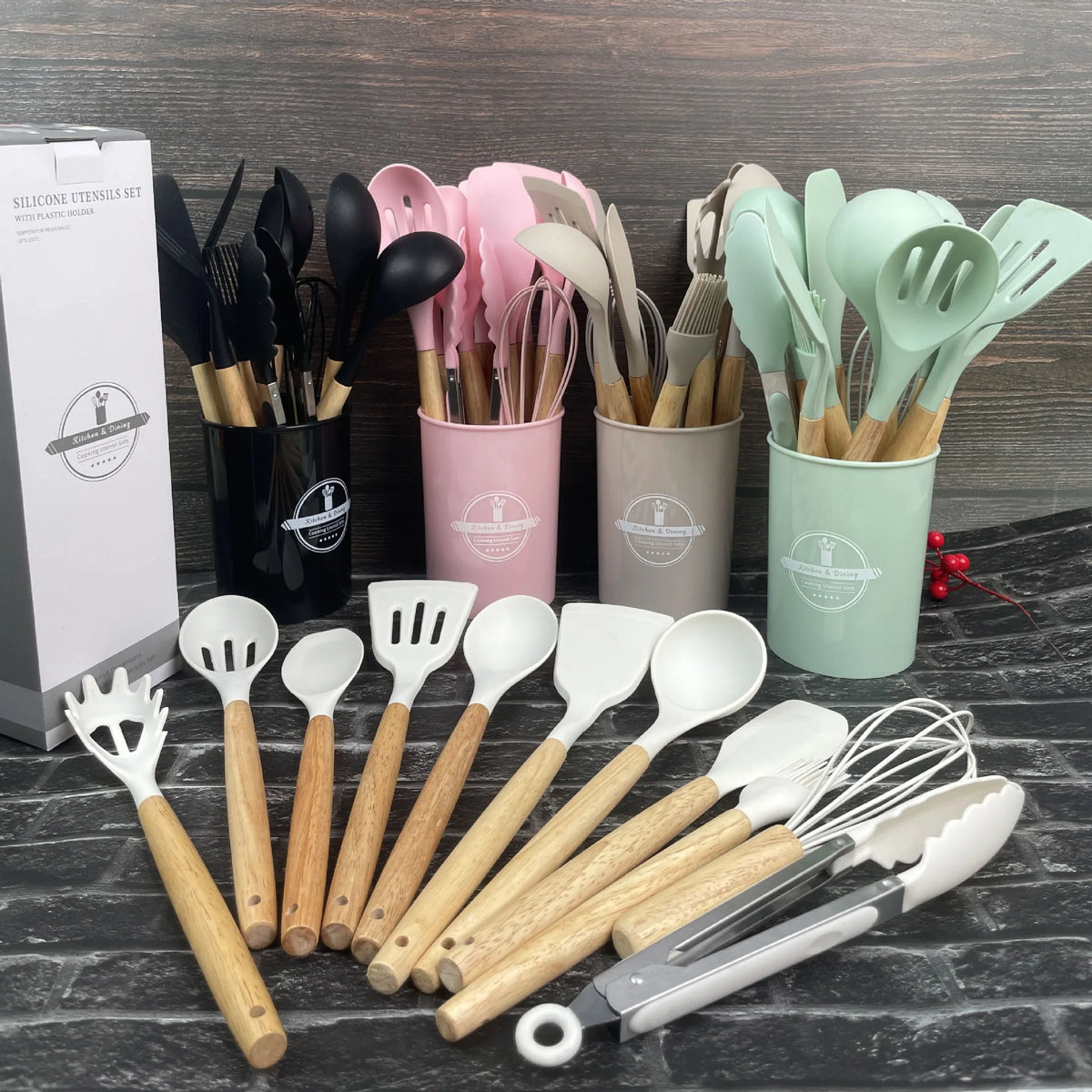 12 Piece Silicone Kitchen Utensil Set with Wooden Handles & Storage Pot – Heat Resistant BPA-Free Cooking Tools – Best for Non-Stick Cookware & Baking – Available in Black, White, Pink, Khaki & Light Green Colours