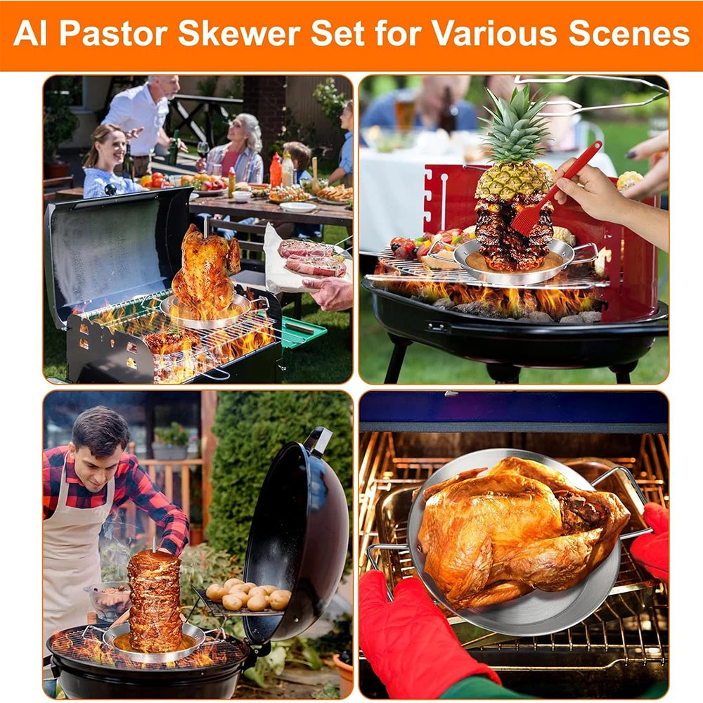 Stainless Steel Vertical Al Pastor Skewer with Base Plate – Brazilian Style Vertical Spit Stand – Perfect for Shawarma, Tacos & Outdoor BBQ Grills – Available in 4 Pieces, 6 Pieces & 8 Pieces