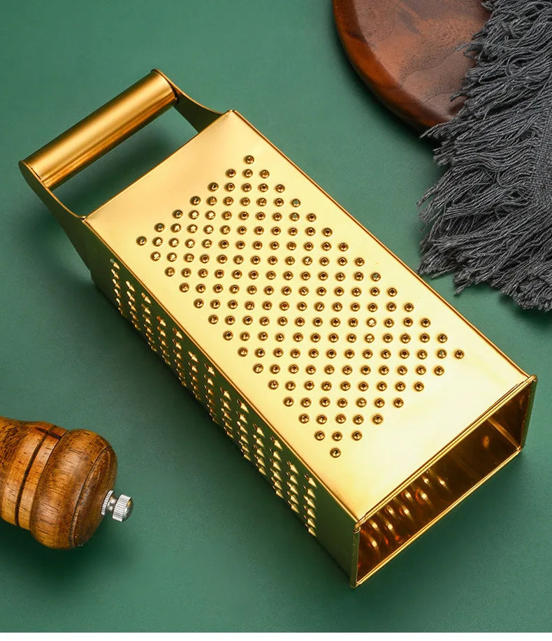 Stainless Steel Four-Sided Cheese Grater – Multi-Functional Handheld Box  Grater  & Vertical Fruit Slicer, Available in Gold & Silver