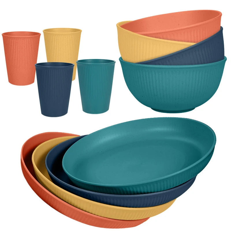 12 Piece Wheat Straw Dinnerware Set – Reusable Unbreakable Plates & Bowls – Perfect for Family Meals, Picnics & Camping