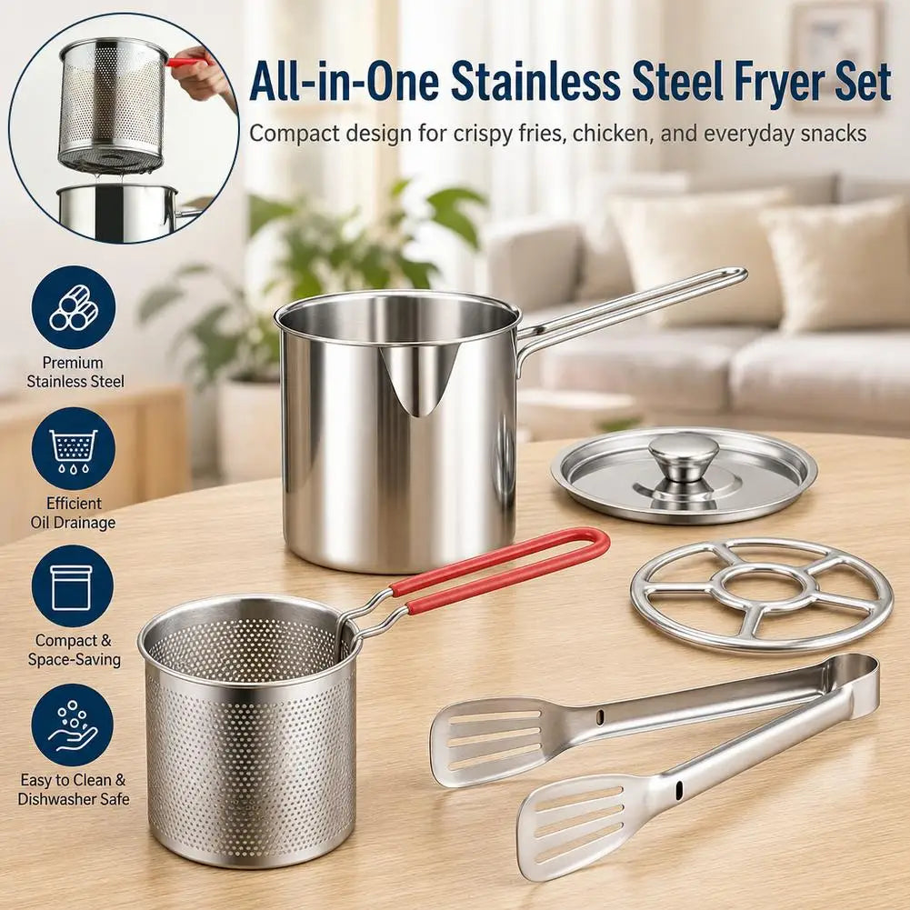 Small Stainless Steel Deep Fryer Pot with Basket, Tongs & Lid – 304 Oil-Saving Chip Pan with Pour Spout – Perfect for Chips, Tempura & Chicken – Available in 4 & 5 Piece Sets