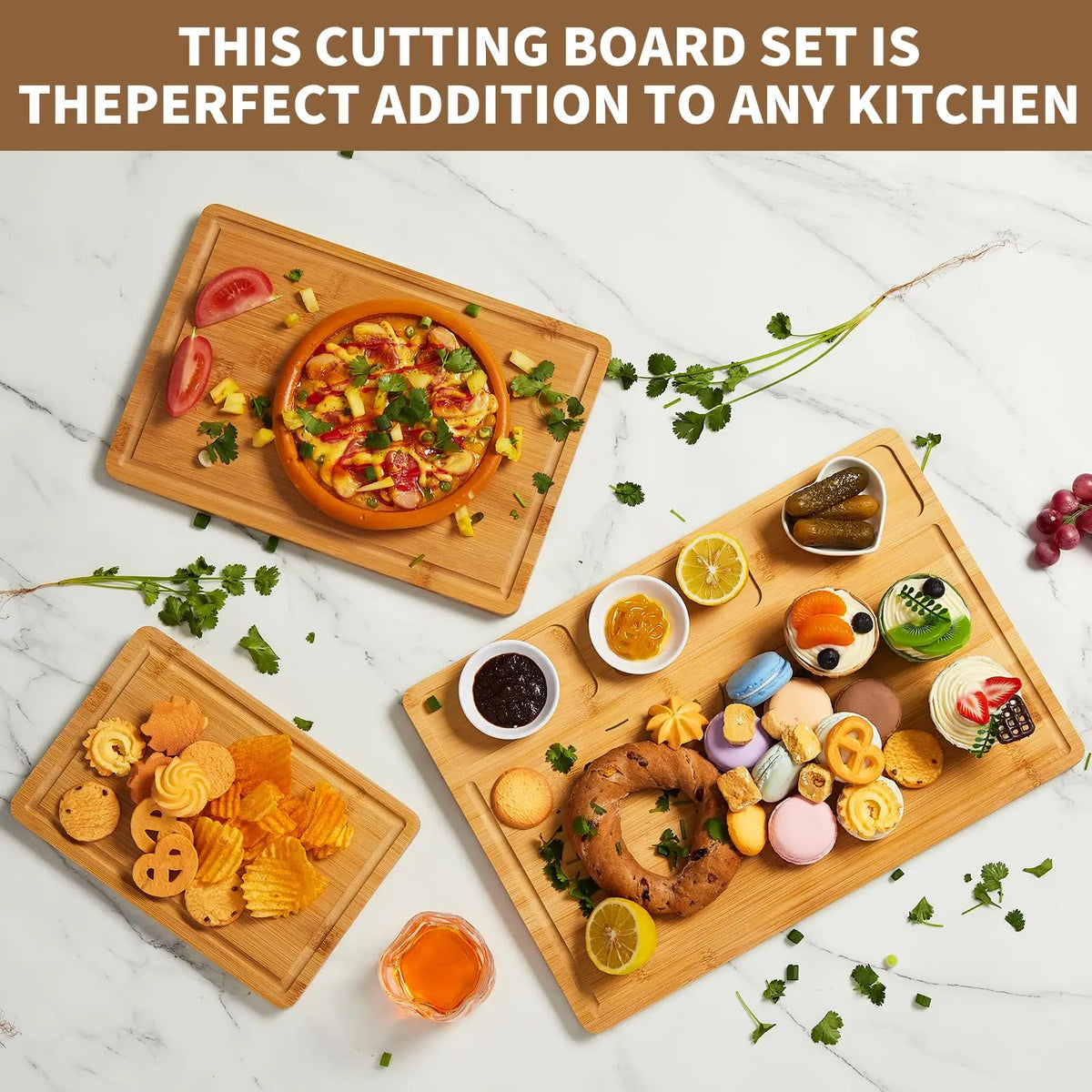 Bamboo Chopping Board Set of 3 – Pre-Oiled Reversible Boards with Juice Grooves, Handles & Prep Slots – Best for Everyday Chopping & Serving