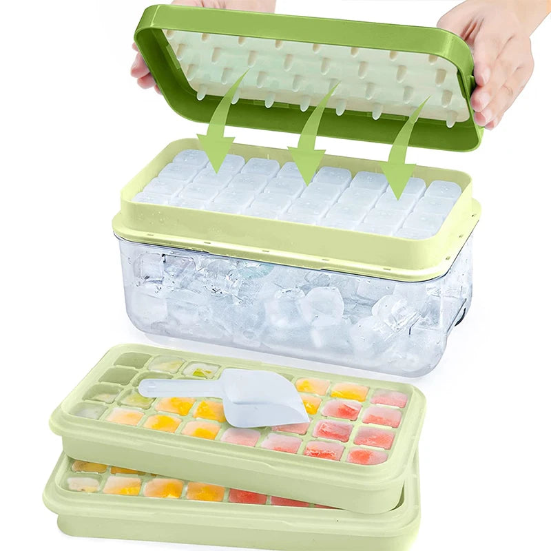Stackable Silicone Ice Cube Tray Set with Storage Bin – 2 Trays & 64 Nugget Ice Moulds – Best for Chilling Drinks & Freezing – Available in Pink, Blue, Green & Orange Colours