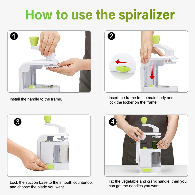 4 in 1 Vegetable Spiralizer with Stainless Steel Rotating Blades – Veggie Spiral Cutter & Noodle Maker – Great for Courgette Noodles, Salads & Garnishes