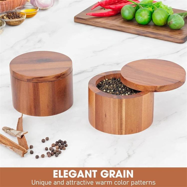 Acacia Wood Salt Box with Swivel Lid & Spoon – Salt & Pepper Cellar Seasoning Container – Great for Keeping Salt & Spices by the Hob