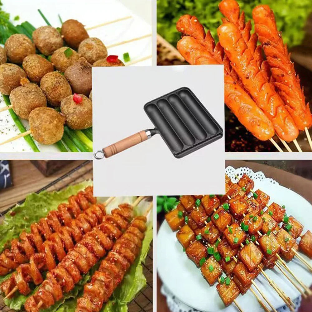 Cast  Iron Preseasoned Grilled Sausage Pot Nonstick Hot Dog Pan With Wooden Handle Hot Dog  Anti Scald