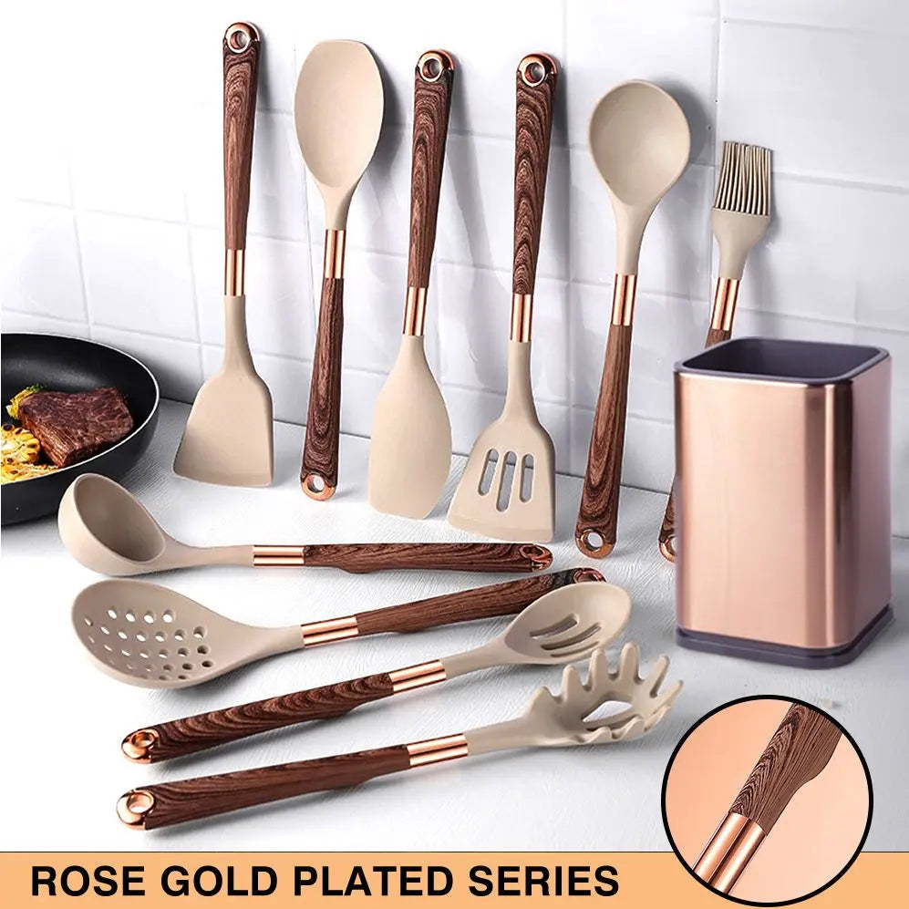 Silicone Cooking Utensils Set with Gold-Plated Handles – Non-Stick Safe, Heat Resistant | Black & Beige | Available in 5, 7, 10 & 12-Piece Sets
