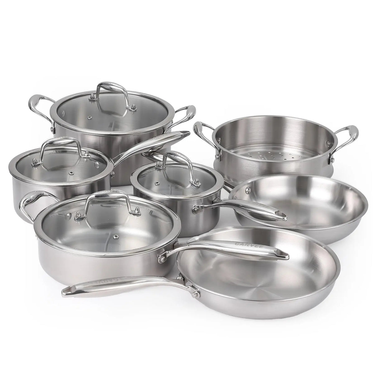 11 Piece Tri-Ply Stainless Steel Cookware Set with Steamer – Saucepans, Frying Pans & 6QT Stockpot with Glass Lids – Great for Induction, Oven & Dishwasher