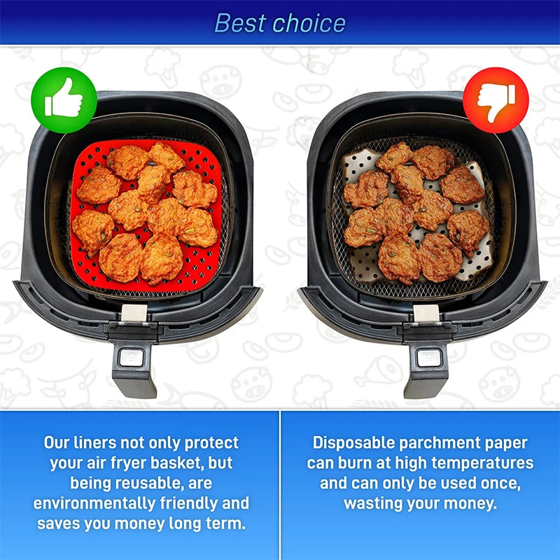 3 Piece Reusable Silicone Air Fryer Liners – 8.5 Inch Square Non-Stick Air Fryer Mats – Perfect for Air Frying & Steaming