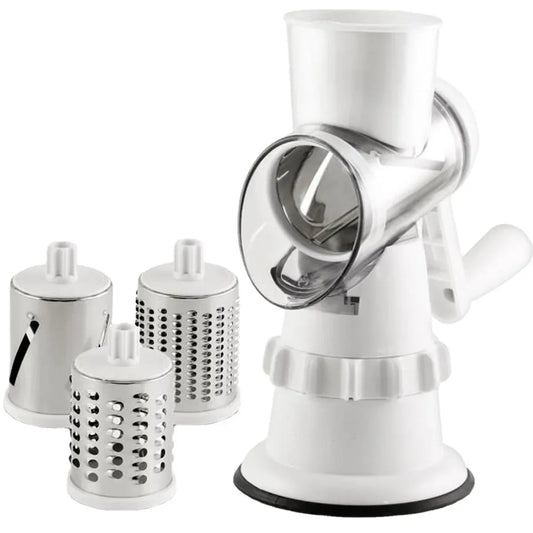 3 in 1 Rotary Cheese Grater – Multifunctional Slicer and Shredder  for Effortless Kitchen Prep   with Easy-to-Swap Stainless Steel Interchangeable Rotating Drum Blades (White)