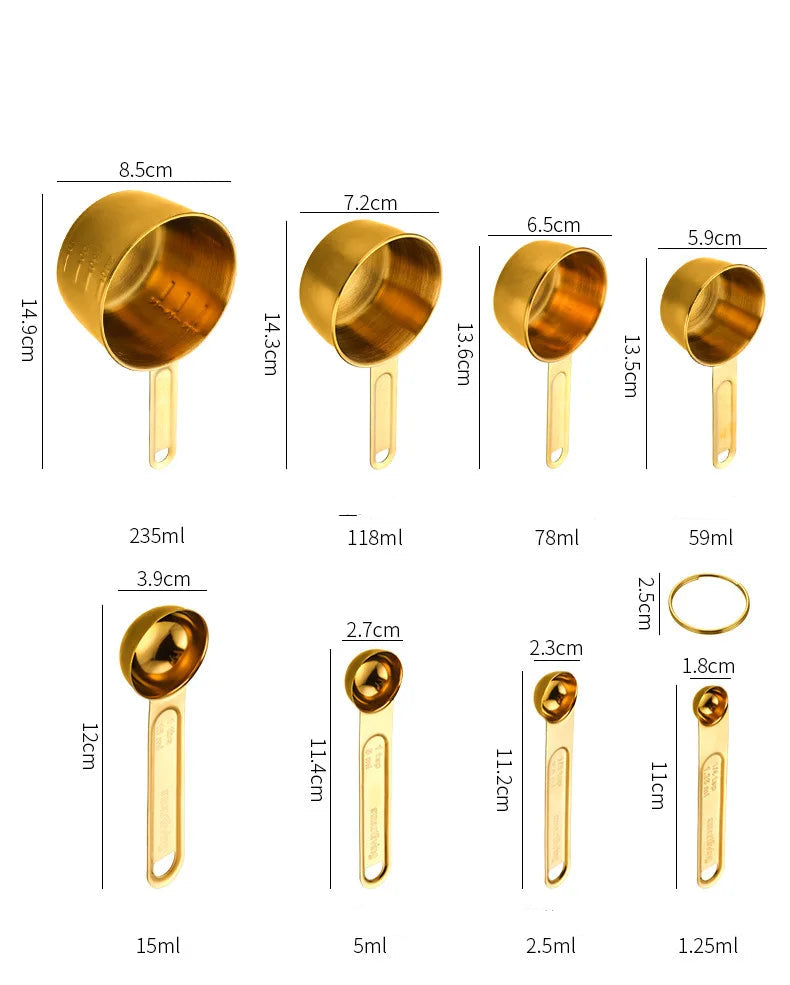 8 Piece Gold Measuring Cups And Spoons Set Stainless Steel