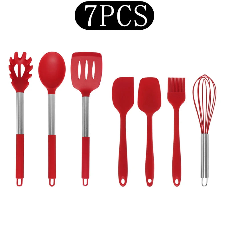 Silicone Kitchen Utensils Set with Stainless Steel Handles – Non-Stick, Heat-Resistant Cooking  Kitchen Utensils for Everyday Cooking & Baking, Available in 4 Colours & Multiple Set Sizes