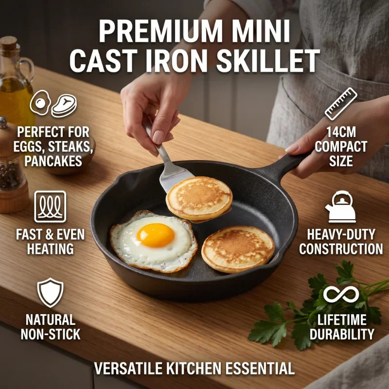 Cast Iron Mini Frying Pan – Small Flat Bottom Omelette & Egg Pan – Ideal for Eggs, Dumplings & Breakfasts (14cm)