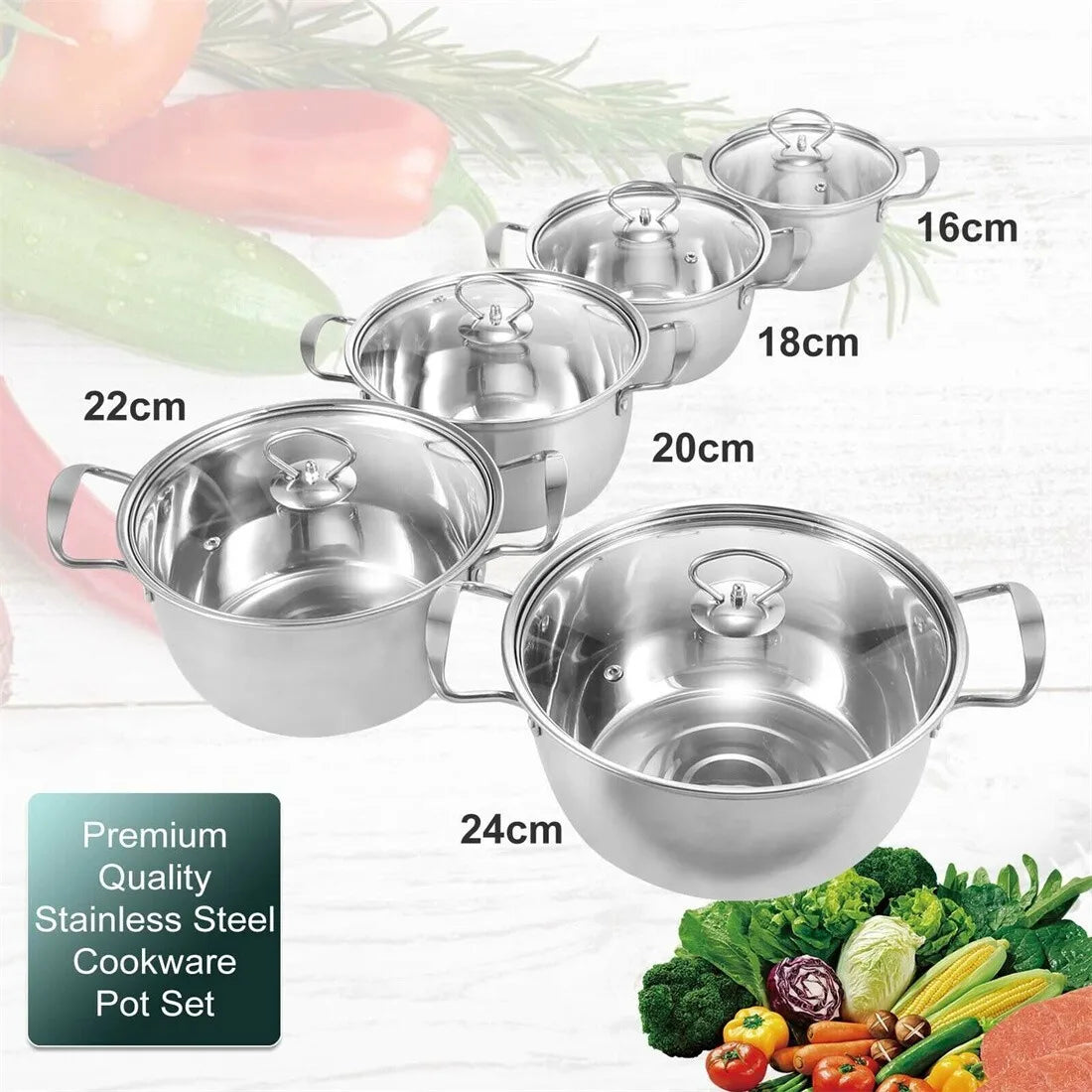 5 Piece Stainless Steel Cooking Pot Set with Sealed Glass Lids – Induction Pots 16cm to 24cm with Measuring Scale – Ideal for Everyday & Family Cooking