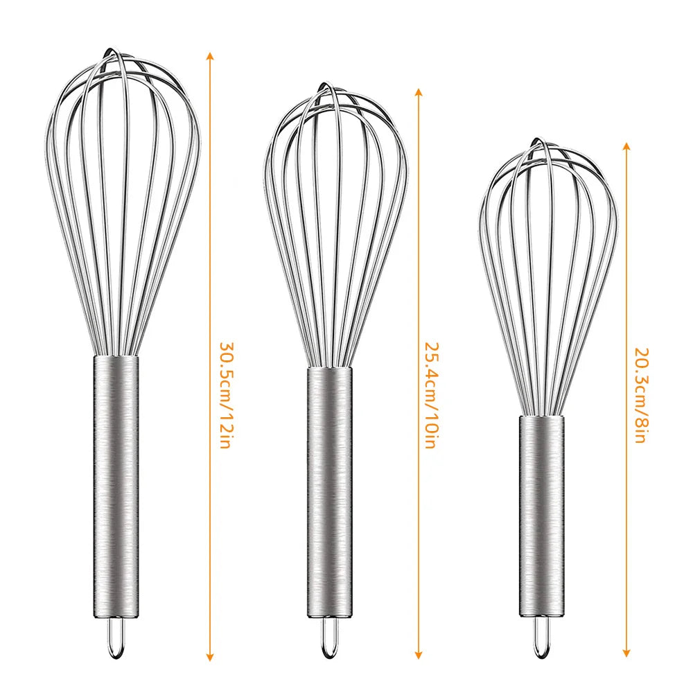 3 Piece Stainless Steel Balloon Whisk Set – 8, 10 & 12 Inch Wire Whisks with Stainless Grips – Perfect for Whisking, Beating & Blending
