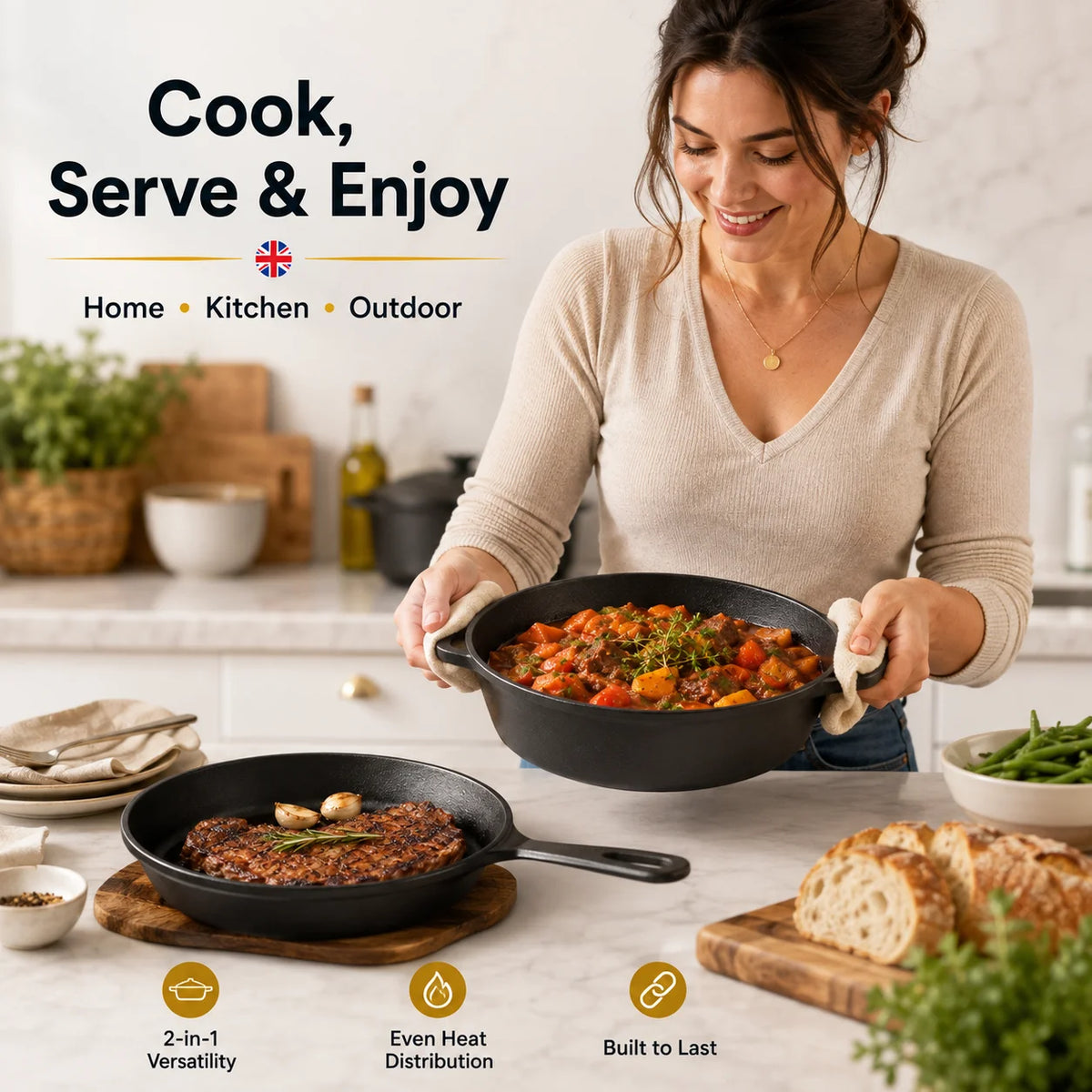 Cast Iron Camping Dutch Oven Stockpot with Skillet Lid – Non-Enamel Heavy Duty Stew Pot – Best for Outdoor Camping & Home Cooking