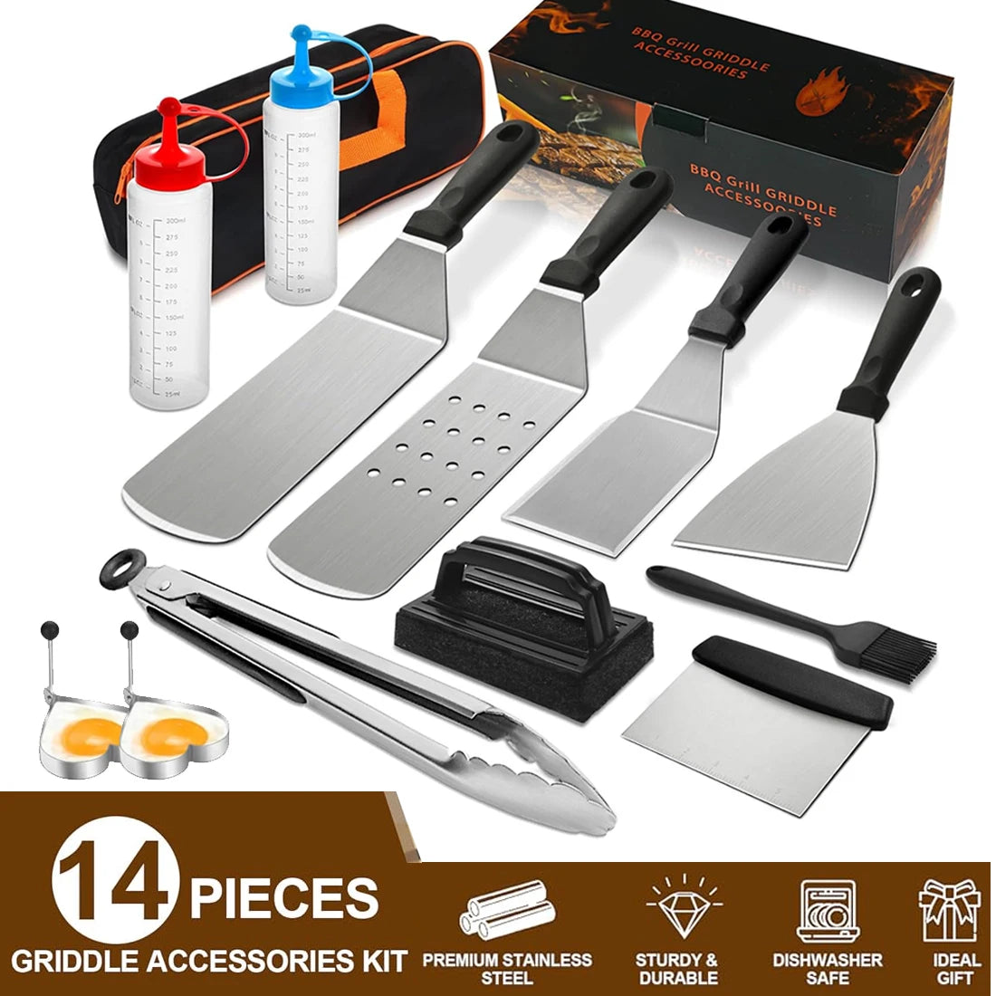 14 Piece Stainless Steel BBQ Tool Set with Storage Bag – Spatulas, Tongs, Basting Brush & Egg Rings – Best for Barbecues, Camping & Garden Grilling