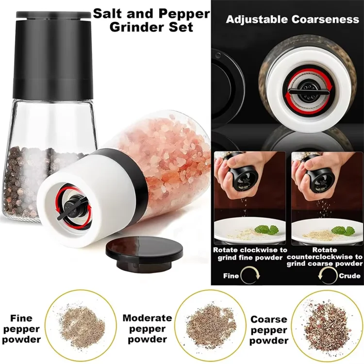 Adjustable Ceramic Salt & Pepper Grinder Set – Manual Glass Pepper Mill & Herb Grinder – Best for Sea Salt, Peppercorns & Dried Herbs