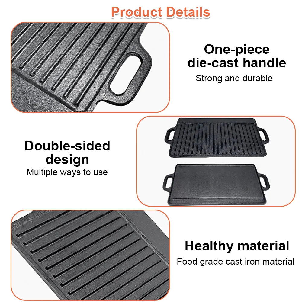 Double-Sided Cast Iron Griddle & Grill Plate – Reversible Ridged & Flat BBQ Plate with Handles – Perfect for Steaks, Pancakes & Camping (50.5 x 23.5cm)