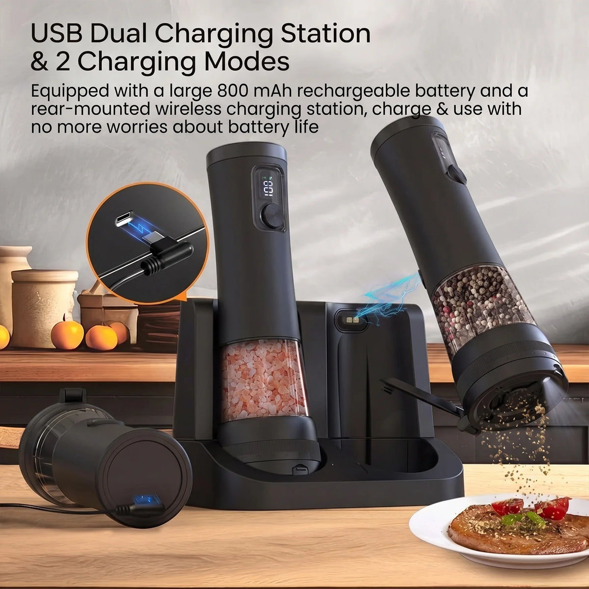 Electric Salt & Pepper Grinder Set with Charging Base – Rechargeable USB-C Mills with LED Light & Adjustable Coarseness – Ideal for Kitchen, BBQ & Table