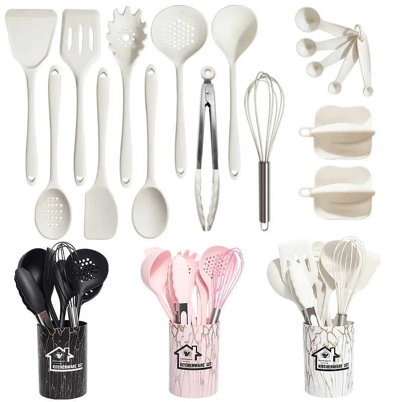 18-Piece Silicone Kitchen Utensils Set – Heat-Resistant Spatulas, Spoons, Turners, Brush, Whisk & More – Safe for Non-Stick Cookware & Daily Cooking – Available in Black, White & Pink