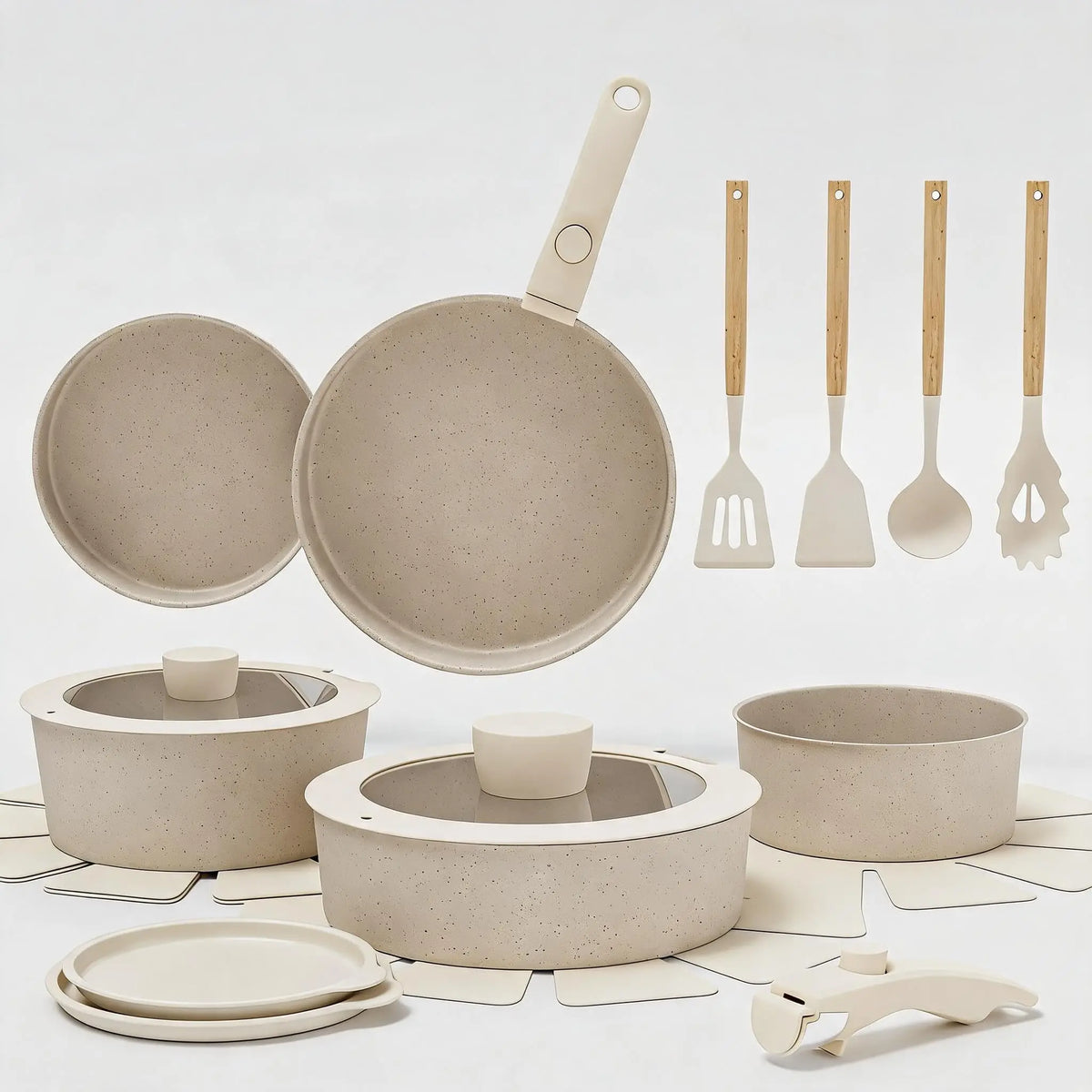 19 Piece Ceramic Non-Stick Cookware Set with Detachable Handles – Stackable Induction Pots & Pans – Ideal for Small Kitchens, Caravans & Campervans – Available in White & Black Colours
