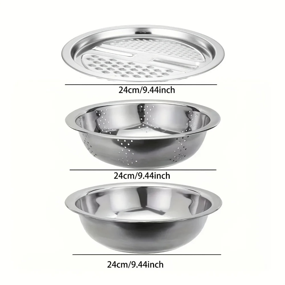 3 Piece Stainless Steel Grater & Mandoline Set with Draining Bowl – Multi-Function Slicer & Vegetable Washing Basket – Great for Potatoes, Carrots & Salads