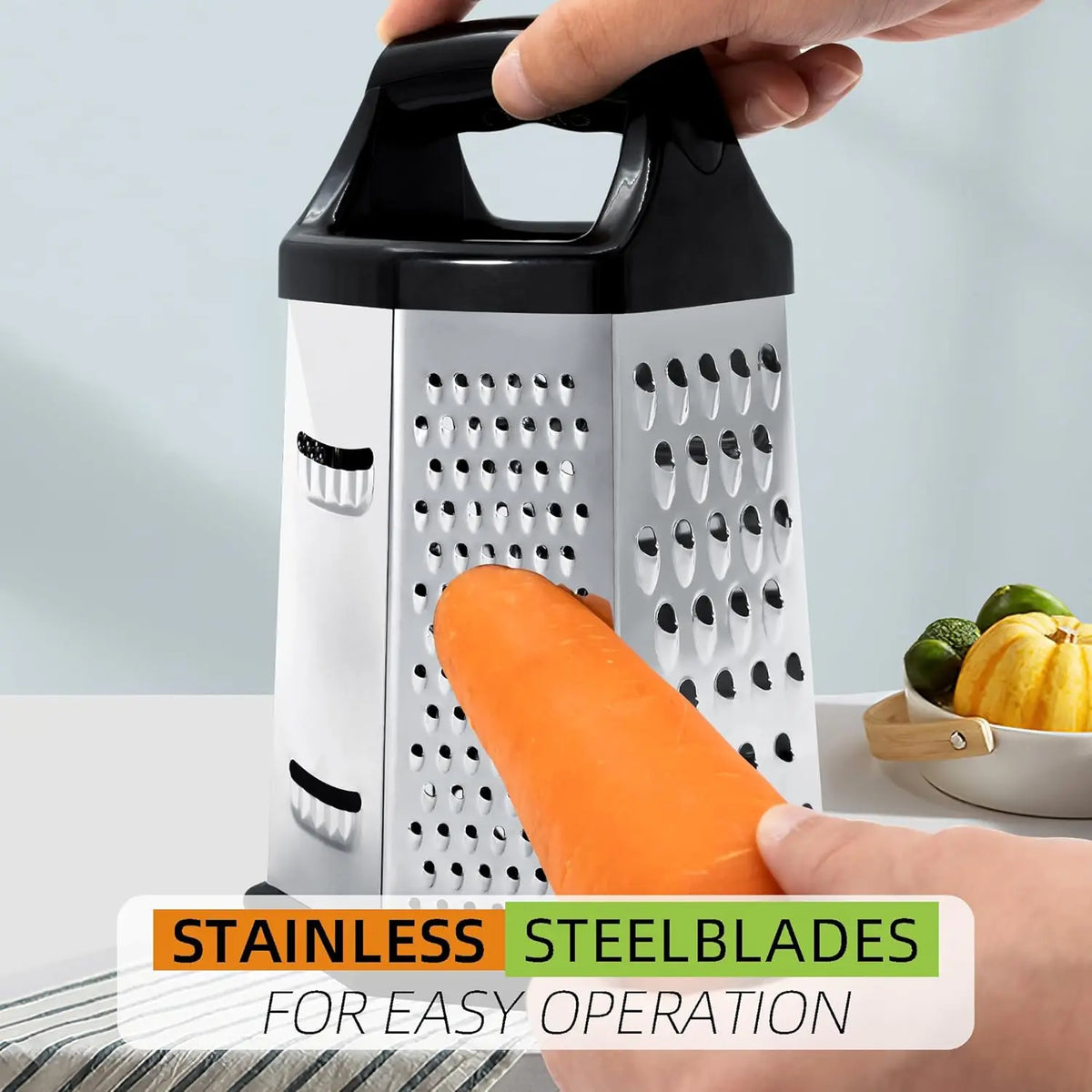 6-Sided Stainless Steel Box Grater – Multi-Function Cheese, Vegetable & Potato Grater, Slicer & Zester – Great for Cheese, Carrots & Nutmeg