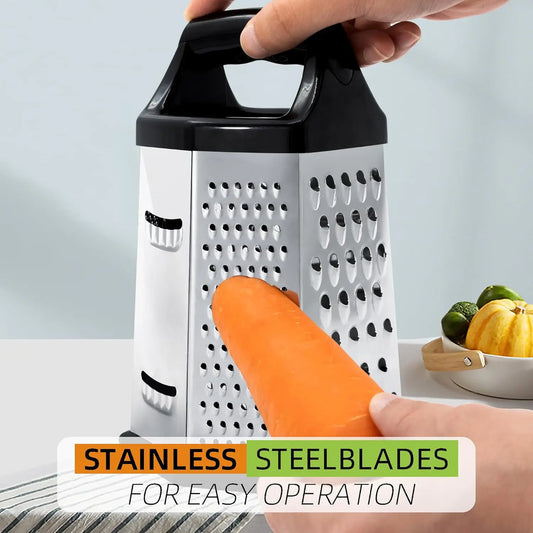 6-Sided Stainless Steel Box Grater – Multi-Function Cheese, Vegetable & Potato Grater, Slicer & Zester – Great for Cheese, Carrots & Nutmeg