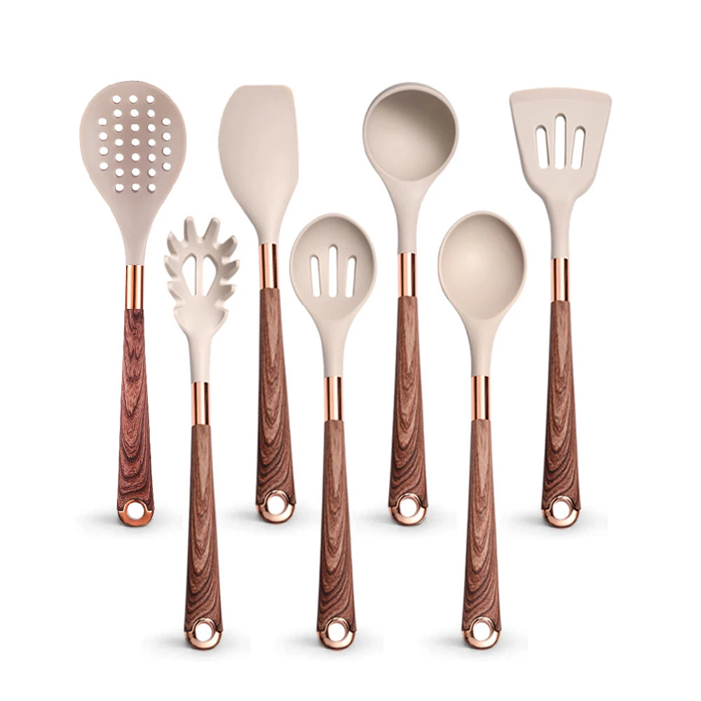 Silicone Cooking Utensils Set with Gold-Plated Handles – Non-Stick Safe, Heat Resistant | Black & Beige | Available in 5, 7, 10 & 12-Piece Sets