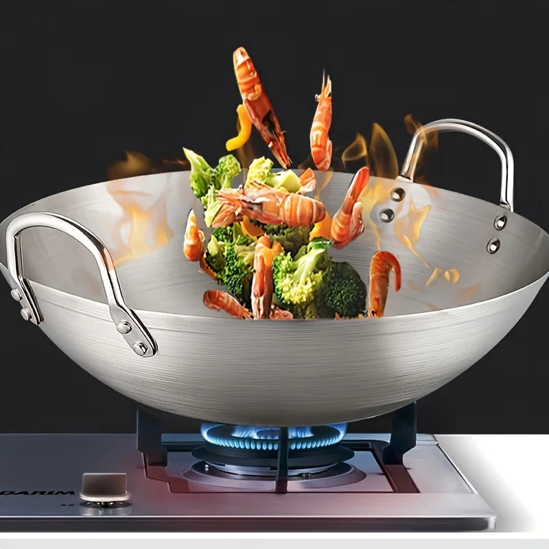 Stainless Steel Wok with Dual Handles – Uncoated Heavy-Duty Thick Durable Chef’s Cooking Wok Pan – Perfect for Stir-Frying, Deep-Frying, Steaming, Boiling, Searing, Smoking & More – Available in 30cm, 34cm