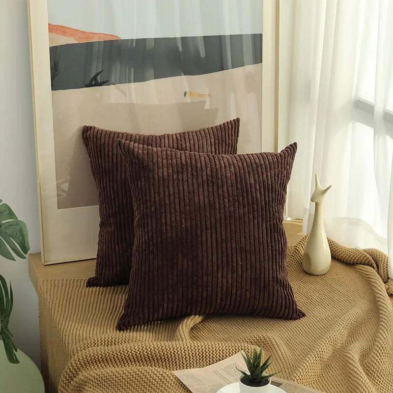 2 Piece Corduroy Striped Throw Pillow Cases 45x45cm – Soft Plush Decorative Cushion Covers – Great for Sofas, Beds & Living Rooms