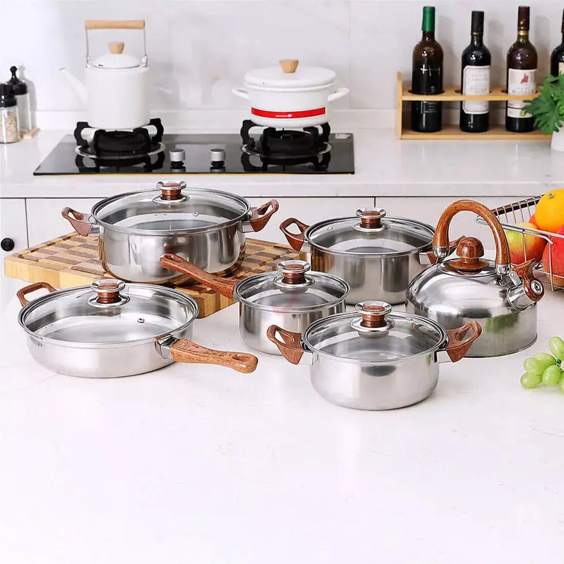 6 Piece Stainless Steel Cookware Set with Glass Lids & Wood-Effect Handles – Uncoated Mirror-Polished Pots & Pans – Best for Induction & Healthy Cooking
