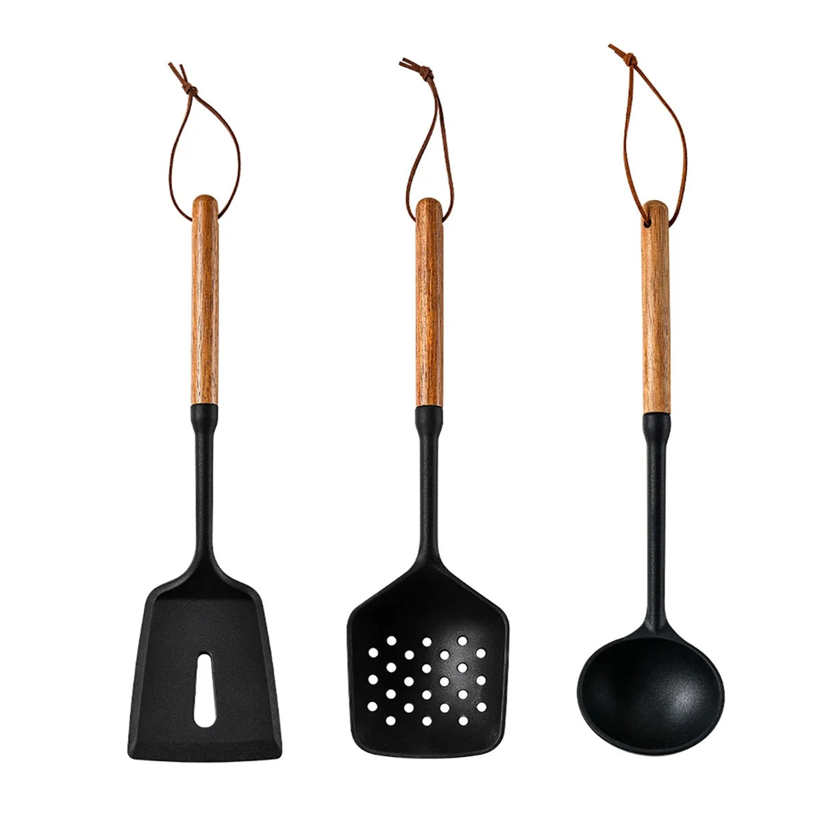 Silicone Kitchen Utensil Set with Wooden Handles 3pcs
