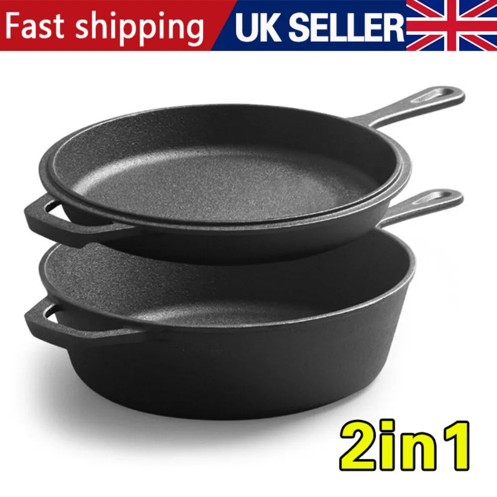 2-in-1 Cast Iron Skillet & Dutch Oven – Pre-Seasoned Double-Use Frying Pan & Deep Pot – Ideal for Stove to Oven Cooking