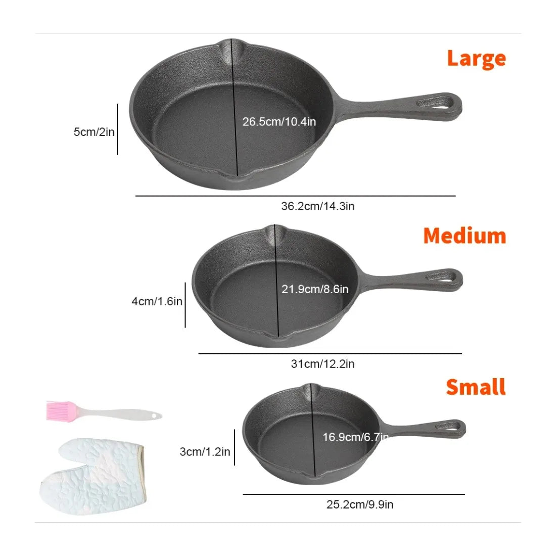 3 Piece Cast Iron Skillet Set with Oven Glove & Silicone Brush – Pre-Seasoned Frying Pans 16cm, 20cm & 26cm – Great for Searing, Baking & Oven Cooking