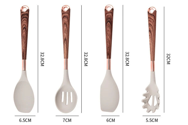 10-Piece Silicone Kitchen Utensils Set with Wooden-Effect Handles & Matching Utensil Holder – Heat-Resistant, Non-Stick Safe & Easy to Clean – Includes Spatulas, Spoons, Turners, Pasta Server, Brush & Skimmer – Perfect for Daily Cooking & Modern Kitchens