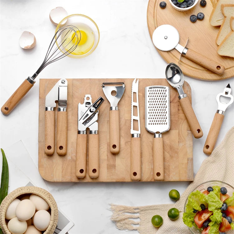Stainless Steel Kitchen Gadget Set with Wooden Handle