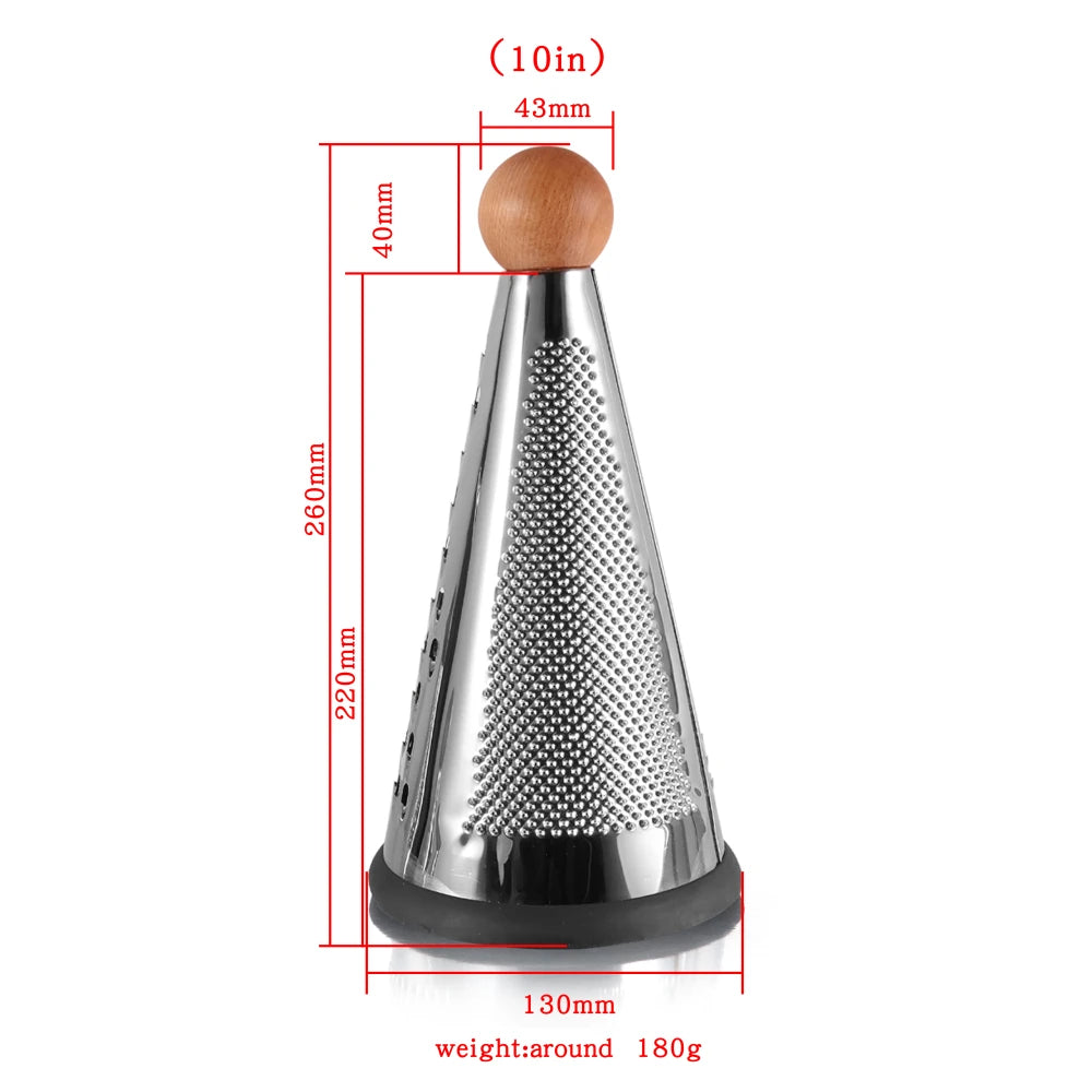 Modern Cone-Shaped Stainless Steel Grater & Zester with Wooden Handle – Conical Design with Non-Slip Rubber Base for Stability & Control – Available in 6-inch, 8-inch, 9-inch & 10-inch Sizes
