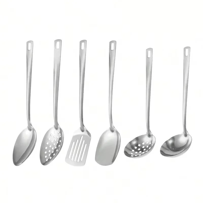 6-Piece Stainless Steel Kitchen Utensil Set – Heat-Resistant with Ergonomic Handles & Hanging Holes, Includes Slotted Spoon, Ladle, Turner, Cooking Spoon & Rice Spoon 6-Piece