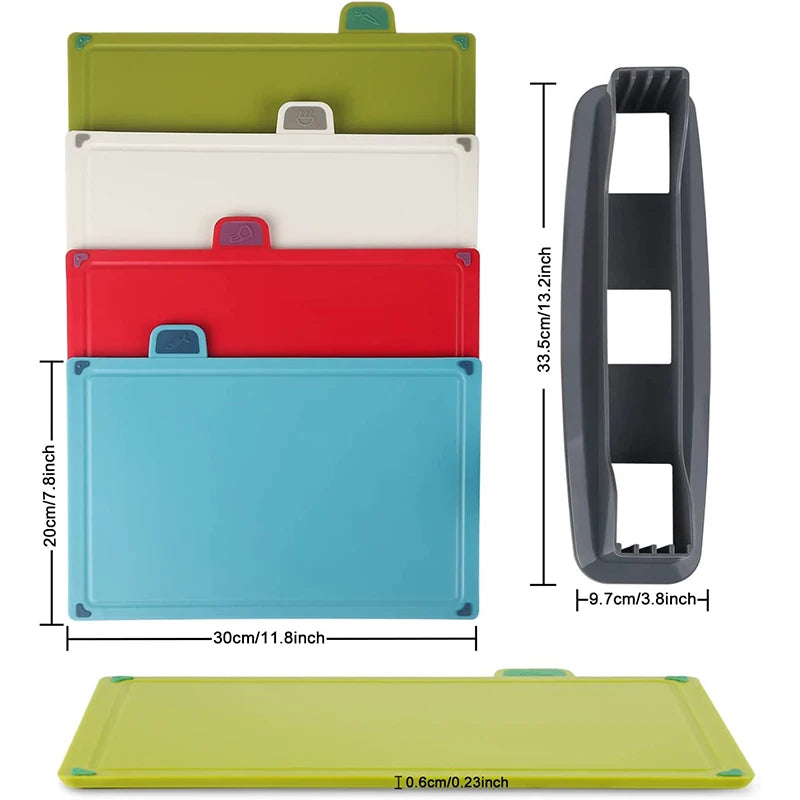 4 Piece Colour-Coded Plastic Chopping Board Set with Storage Stand – Thick Slip-Resistant Cutting Boards – Great for Meat, Fish, Vegetables & Fruit