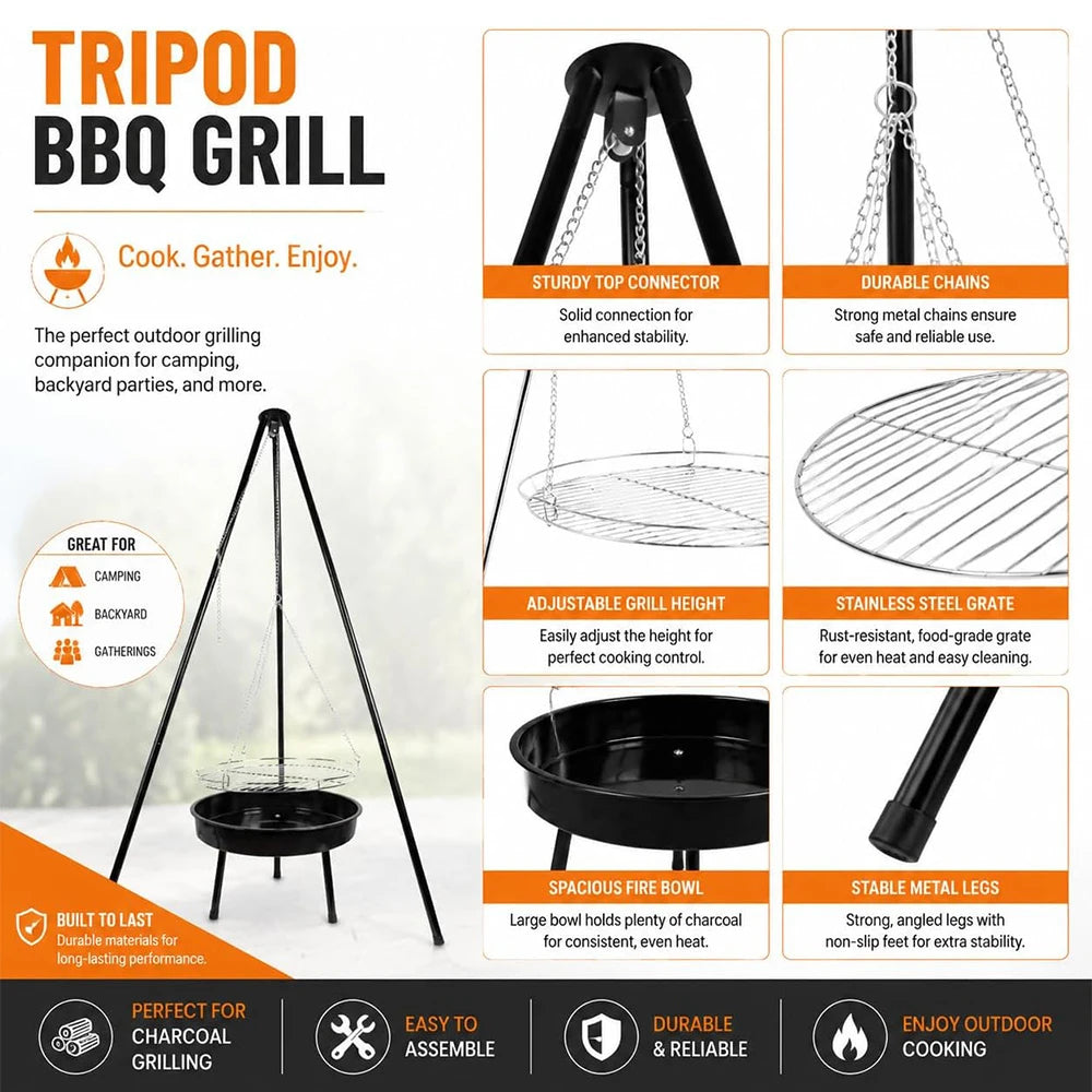 Campfire Tripod Grill with Barbecue Basin – Steel Camping Firepit Cooking Rack & Lantern Hanger – Best for Outdoor Cooking & Camping