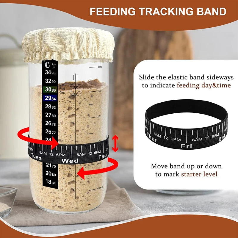 730ml Glass Sourdough Starter Jar Kit – 24oz Fermentation Jar with Date Marked Feeding Band – Great for Homemade Sourdough Bread